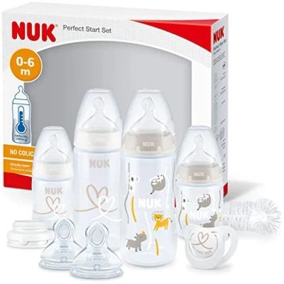 Abbildung von NUK Perfect Start First Choice+ Babyflaschen Set 06 Monate 4 x Flaschen mit Temperaturkontrolle, Schnuller, Flaschenbürste &amp; mehr BPA frei 10 teilig Safari
