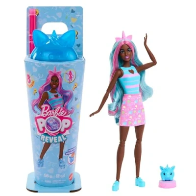 Abbildung von Barbie Pop Reveal Set aus Puppe und Accessoires, Shakes Serie, duftende Einhorn Modepuppe &amp; Haustier, 8 Überraschungen inklusive Farbwechsel, JCN86