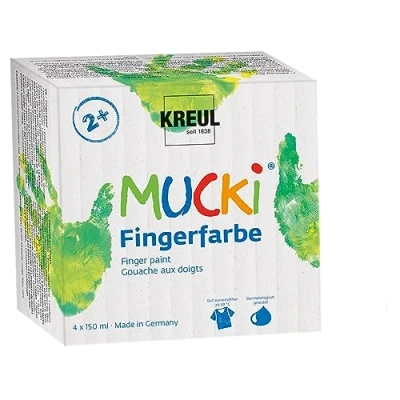 Abbildung von KREUL 2314 Mucki leuchtkräftige Fingerfarbe, 4 x 150 ml in gelb, rot, blau und grün, parabenfrei, glutenfrei, laktosefrei vegan, auswaschbar, vermalbar mit Pinsel, Schwamm Fingern