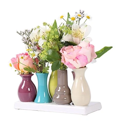 Abbildung von Jinfa Handgefertigte kleine Keramik Deko Blumenvasen Set aus 7 Vasen in bunt