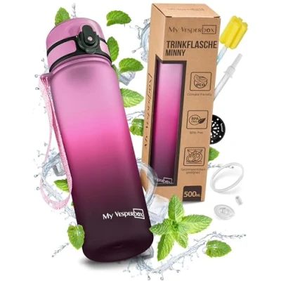 Abbildung von My Vesperbox Minny Kinder Trinkflasche auslaufsicher 750ml mit Strohhalm oder Sieb BPA frei für Kindergarten, Schule (Rosa Lila Schwarz 750ml)