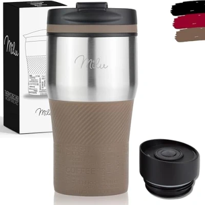 Abbildung von Milu Thermobecher Kaffee to go 300ml 100% Auslaufsicher Isolierbecher, Kaffeebecher, Trinkbecher aus Edelstahl Autobecher doppelwand Isolierung Travel Mug (Braun)