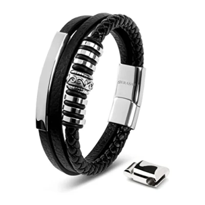 Abbildung von SERASAR Herren Armband 20cm Silber Männer Leder Armreif Lederband Herrenarmreif Armschmuck Schmuck Herrenschmuck Armkette Flecht Wickelarmband Armbändchen Bracelet