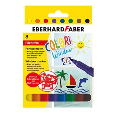 Abbildung von Eberhard Faber 550022 Window Marker Colori, 8 Fensterstifte abwaschbar, inkl. 3 Schablonen