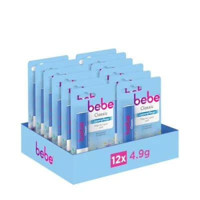 Abbildung von bebe Classic Lippenpflege (12 x 4,9 g), Lippenpflegestift mit Avocadoöl &amp; Sheabutter, pflegt die Lippen sanft 98% Inhaltsstoffen natürlichen Ursprungs ohne Mineralöle