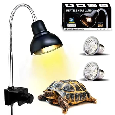 Abbildung von PewinGo Schildkröte Wärmelampe, Wärmespotlampe für Aquarium Reptil mit 2 UVA UVB Basking Spot Glühbirnen und 360Schwenkklemme Schildkröte, Schlange, Eidechse usw Halogen, Orangefarbenes Licht