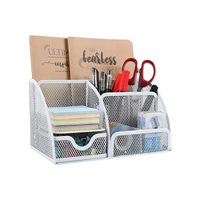 Abbildung von EasyPAG 7 Fächer Metall Schreibtisch Organizer Stiftehalter Stiftköcher Vielseitig Utensilienschalen Büro Organisation Zubehör Ablage mit Schublade,Weiß