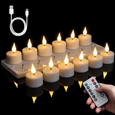 Abbildung von FREEPOWER 12er Aufladbare LED Teelichter mit Ladestation, Fernbedienung und Timer, Elektrische Wiederaufladbare Kerzen Flackern Warmweiß Dimmbar, Teelicht USB Kabel, Ø4 x 5.5cm