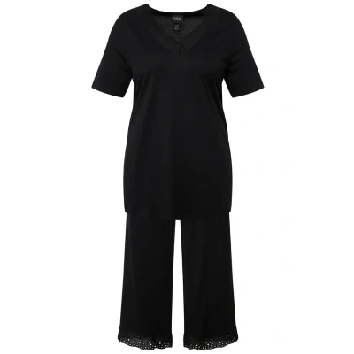 Abbildung von Ulla Popken Lochstickerei Vausschnitt Halbarm SET Nachtwäsche Set, Damen, Größe: 42/44, Black
