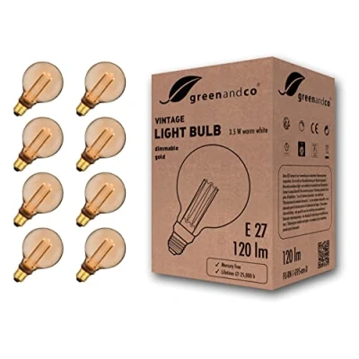 Abbildung von greenandco 8x dimmbare Vintage Design LED Birne zur Stimmungsbeleuchtung E27 G95 gold 3,5W 120lm 1800K extra warmweiß 320 230V flimmerfrei Edison Glühbirne