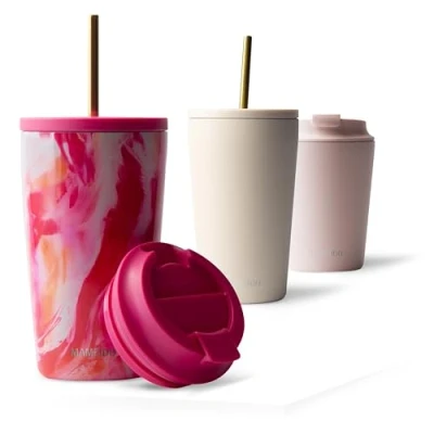 Abbildung von MAMEIDO Thermobecher mit Strohhalm 470ml, Trinkbecher Deckel und aus Edelstahl doppelwandig isoliert, auslaufsicher, Coffee to go Becher (Random Paintress, 0,47l)