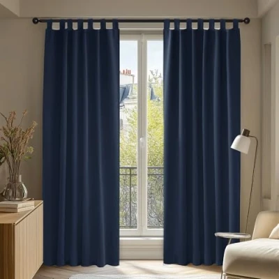 Abbildung von Deconovo Vorhang Gardinen Blickdicht Verdunkelungsvorhang Schlaufen Thermo gegen Kälte, 245x140 cm(HöhexBreite), Dunkelblau, 2er Set