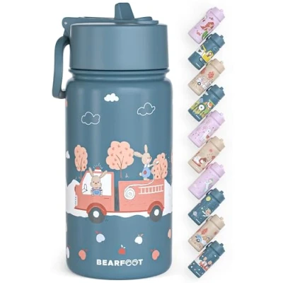 Abbildung von BEARFOOT Trinkflasche Kinder Edelstahl mit Strohhalm Thermosflasche 400ml BPA frei auslaufsicher Kleinkinder, Mädchen &amp; Jungen Wasserflasche für Schule, Kindergarten (Blau Feuerwehr)