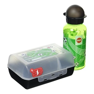 Abbildung von Emsa Kids Set mit Fußball Motiv, Trinkflasche + Brotdose, 400 ml auslaufsichere Flasche, Dose verschiebbarer Trennwand, Schwarz/Grün, 518140, Soccer