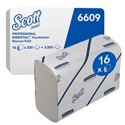 Abbildung von Scott Essential Papierhandtücher 6609 Weiße Narrowfold Handtuchpapier, Nachhaltige aus Recyclingfasern, 16 Clips x 220 (3.520 Blätter)