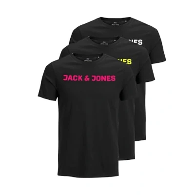 Abbildung von JACK &amp; JONES Herren JJECORP Logo Tee SS Crew Neck 3er Pack Kurzarm T Shirt, A, 3X Schwarz mit Neon, XL