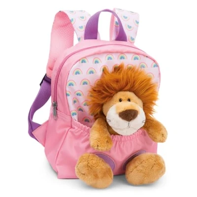 Abbildung von NICI Kinderrucksack rosa 2 in 1 mit Kuscheltier Löwe 25cm Kindergartenrucksack Mädchen &amp; Jungen Weicher Rückenbereich verstellbare Gurte 49849