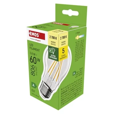 Abbildung von EMOS LED Lampe Filament A60 A Klasse Vintage Glühbirne E27 Sockel warmweiß 806 lm extra sparsam, 3,8W (statt 60W Glühbirne) 50 000 Stunden Winkel 300 CRI min. 80