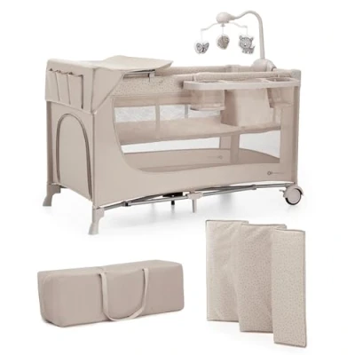 Abbildung von Kinderkraft JOY 2 ACC Kinderbett, 3 in 1 Kinderreisebett, Babybetten, Reisebett, Modernes Design, Kleine Abmessungen nach Zusammenklappe, Praktisches Zubehör, Räder, Beige