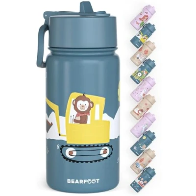 Abbildung von BEARFOOT Trinkflasche Kinder Edelstahl mit Strohhalm Thermosflasche 400ml BPA frei auslaufsicher Kleinkinder, Mädchen &amp; Jungen Wasserflasche für Schule, Kindergarten (Blau Bagger Affe)