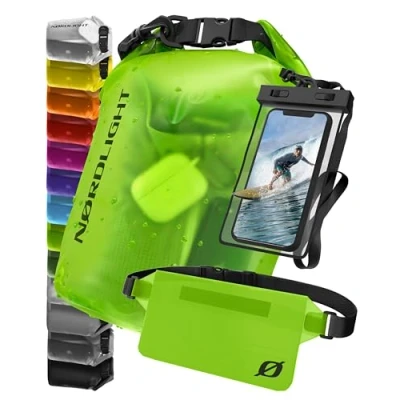 Abbildung von Nordlight wasserdichte Tasche 3er Set (Grün) Dry Bag 20l + Handyhülle Hüfttasche IPX8 Schutz Mit Verstellbaren Gurten Für Strand, Stand Up Paddling