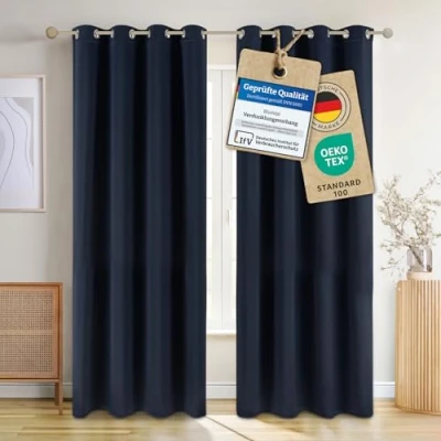 Abbildung von Blumtal Verdunklungsvorhänge 2er Set Thermovorhang Kälteschutz Vorhang Blickdicht mit Ösen Gardinenschals Schlaufen/Thermovorhang Fenster Gardinen 145x140cm Ösenvorhang Blau