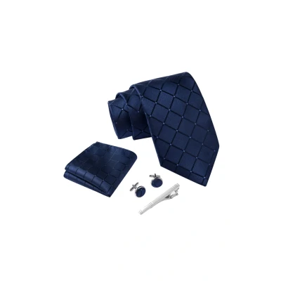 Abbildung von Massi Morino Krawatte Dunkelblau Quadrat mit Einstecktuch Set Herren inkl. Manschettenknöpfe, Krawattennadel und Geschenkbox I Männer Krawatten zur Hochzeit