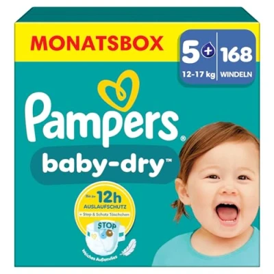 Abbildung von Pampers Windeln Größe 5+, 168 Windeln, 12kg 17kg Baby Dry, Mit Stop &amp; Schutz Täschchen am Rücken für bis zu 100% Auslaufschutz die ganze Nacht