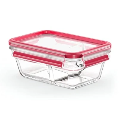Abbildung von Emsa N10414 Clip &amp; Close Glas Frischhaltedose quadratisch 0,8 L stapelbar gefrierfest backofenfest mikrowellenfest rutschfestes Stapeln 100% dicht spülmaschinenfest Transparent/Rot
