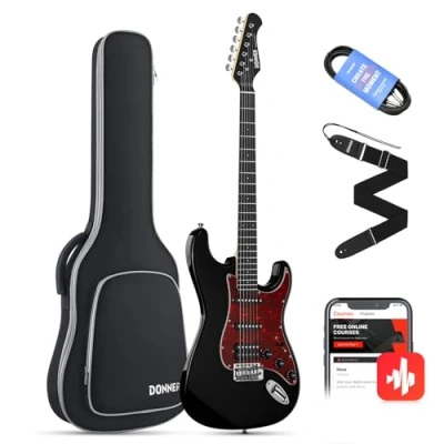 Abbildung von Donner E Gitarren Set Full Size, HSS Spule Geteilte Pickups, 39 Zoll Solid Body ST Gitarre Anfänger mit Tasche, Gurt, Kabel (Designer Series, Ritter Schwarz)