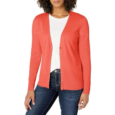 Abbildung von Amazon Essentials Damen Leichter Cardigan mit V Ausschnitt (in Übergröße erhältlich), Korallenrosa, XXL