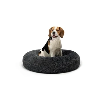 Abbildung von lionto Donutbett für Hunde und Katzen, Flauschiges Hundebett rund kleine große Heimtiere, Ø 80 cm, weiches Katzenbett aus kuscheligem Plüsch, Hundekissen mit extra Dicker Füllung, dunkelgrau