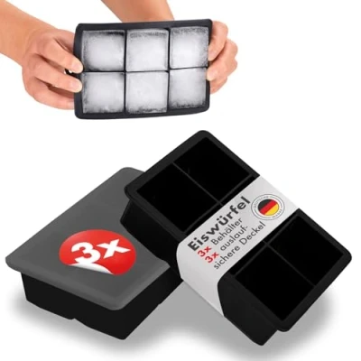 Abbildung von Blumtal Eiswürfelformen Silikon 3er Set 6er Eiswürfelform mit Deckel BPA freie groß Ice Cube Tray lebensmittelecht Schwarz
