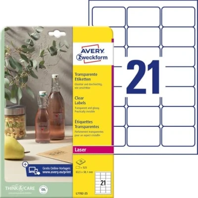 Abbildung von AVERY Zweckform L7782 25 transparente Etiketten (525 Klebeetiketten, 63,5x38,1mm auf A4, selbstklebend, Aufkleber zum Bedrucken, wetterfest, Beschriftungen/Produktaufkleber) Blatt, durchsichtig