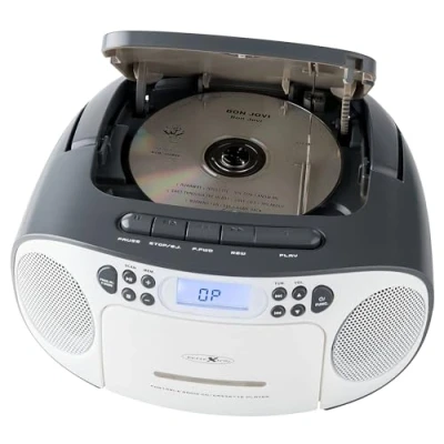 Abbildung von Reflexion CD Player mit Kassette und Radio für Netz Batteriebetrieb (PLL UKW Radio, LCD Display, AUX Eingang, Kopfhörer Anschluss), weiß/grau, RCR2260