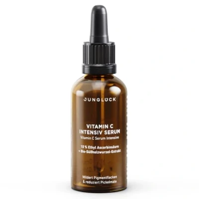 Abbildung von JUNGLÜCK Vitamin C Serum Gesicht Intensiv Vegan Hochdosiert Gesichtsserum mit BIO Süßholzwurzel mildert Fältchen und hellt Pigmentflecken &amp; Pickemale auf Natürlich antioxidativ