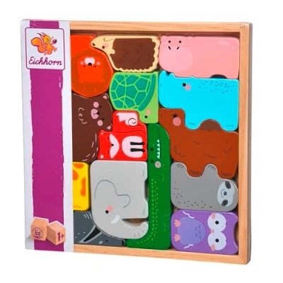 Abbildung von Eichhorn Tierset in Holzbox, 14 Tiere zum zusammenlegen Puzzleform, auch als Spielfiguren verwendbar, Förderung der Feinmotorik, Aufbewahrungsbox, aus Kiefernholz, ab 1 Jahr