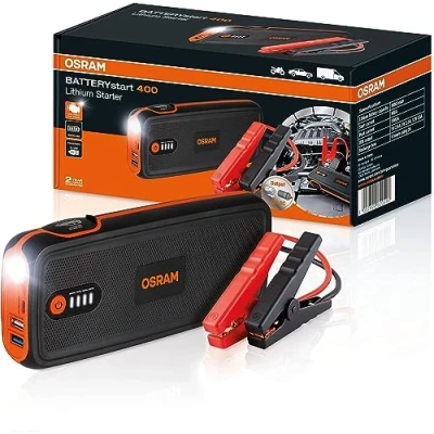 Abbildung von OSRAM BATTERYstart 400, KFZ Starthilfe, Lithium Batteriestarter 2000A 12V mit Powerbank Funktion für bis zu 8L Benzin &amp; 4L Dieselmotoren, 16800mAH, Schwarz
