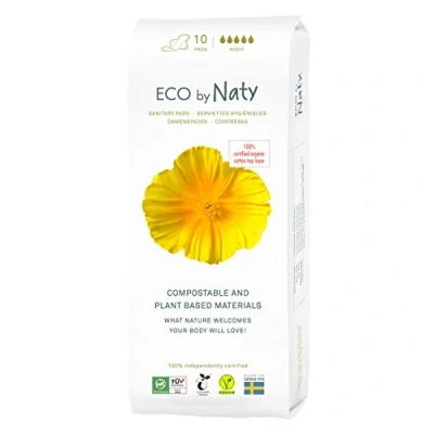 Abbildung von Eco by Naty Damenbinden Night Pflanzliche und saugfähige Bio Hygienebinden mit Flügeln, Menstruationsprodukt aus Baumwolle, Besser für die weibliche Gesundheit (10 Stück)