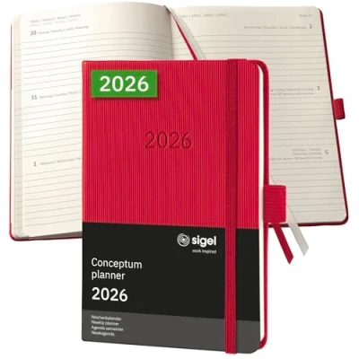Abbildung von SIGEL C2665 Wochenplaner Wochenkalender 2026, ca. A6, rot, Hardcover, 176 Seiten, Gummiband, Stiftschlaufe, Archivtasche, aus nachhaltigem Papier, Kalenderbuch Conceptum