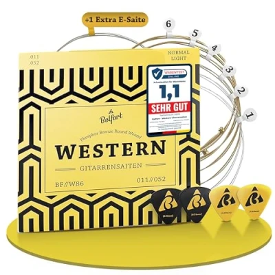 Abbildung von BELFORT® Gitarrensaiten für Westerngitarre Premium Phosphor Bronze (7 Saiten Set) Western Gitarre &amp; Akustikgitarre BONUS: 4 Plektren + Extra hohe E Saite (Gitarrensaiten Akustikgitarre)