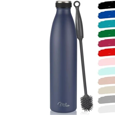 Abbildung von Milu Edelstahl Trinkflasche 350ml, 500ml, 750ml, 1L, 1.5L Thermosflasche, Isolierte Wasserflasche, Auslaufsichere Isolierflasche doppelwandig, Kohlensäure geeignet + Reinigungsbürste (Navyblau, 1.5L)