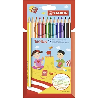 Abbildung von Dreikant Buntstift STABILO Trio dick 12er Pack mit 12 verschiedenen Farben und Spitzer