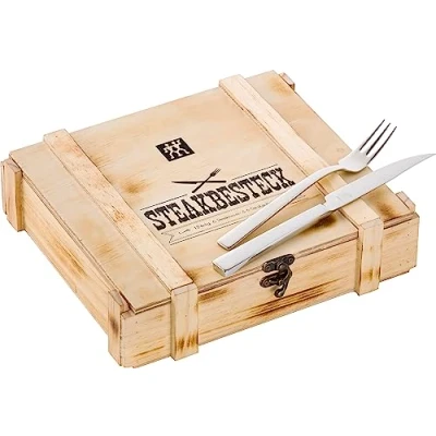 Abbildung von ZWILLING Steakbesteck Set für 6 Personen, 12 teilig, Steakmesser und Steakgabeln, Inkl. Holz Aufbewahrungskiste, Rostfreier Edelstahl / Holz, Silber