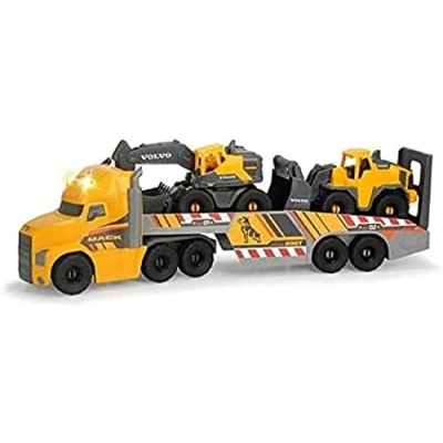 Abbildung von Dickie Toys Volvo Heavy Mack Truck, großer LKW mit 2 Fahrzeugen auf Anhänger, Bagger &amp; Radlader, Anhänger zum Abkoppeln, Licht Sound, inkl. Batterien, 70 cm groß, gelb, 203729012