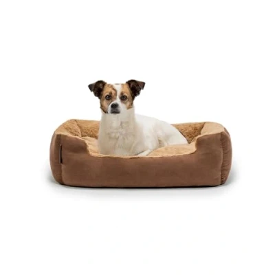Abbildung von lionto Hundebett mit Wendekissen und Rutschfester Unterseite, Robustes Heimtierkissen tiefem Einstieg für Hunde Katzen jeden Alters, 60x48 cm, kuscheliges Hundekissen, braun/beige
