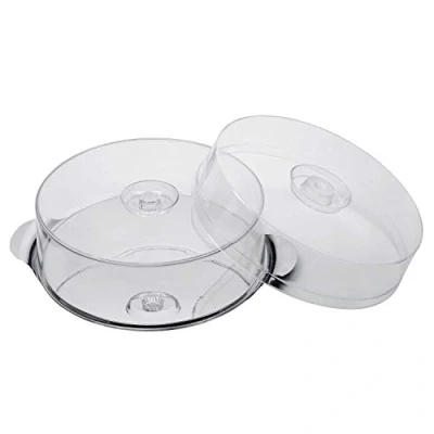 Abbildung von APS 652 Tortenplatte mit 2 Hauben hochwertige Kuchenplatte aus Edelstahl Griffen und Tortenhauben (Höhen 7cm + 11cm, 30 cm) langlebig stapelbar, Made in Germany, Transparent