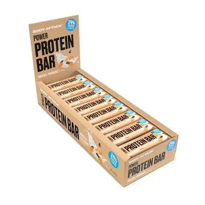 Abbildung von Body Attack POWER Protein BAR Muesli Yoghurt, 24 x 35 g Fitness Riegel fettarm Eiweißriegel mit wichtigen Vitaminen, L Carnitin &amp; 25% hochwertigem Milcheiweiß Made in Germany