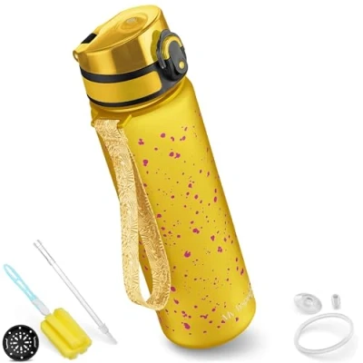 Abbildung von My Vesperbox Minny Kinder Trinkflasche auslaufsicher 500ml mit Strohhalm oder Sieb leichte Tritan Wasserflasche BPA frei für Kindergarten, Schule (500ml, Orange Klecks)