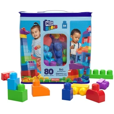 Abbildung von MEGA BLOKS Fisher Price Bausteine für Kleinkinder, großer Bausteinebeutel mit 80 Teilen und Aufbewahrungsmöglichkeit, Blau, Geschenkideen Kinder ab 1 Jahr, DCH63